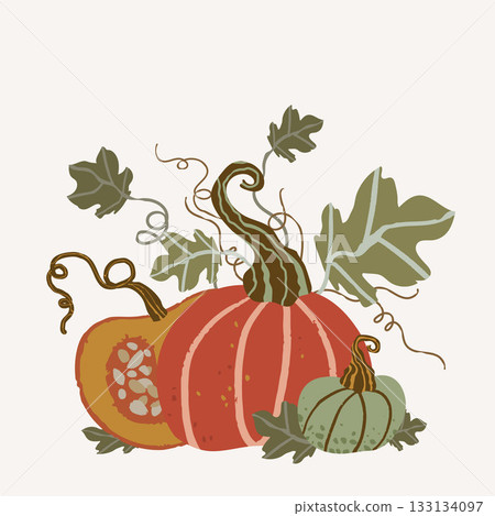 Composition of cute pumpkins. Vector illustration, good for thematic emblem, banner, calligraphy poster, greeting card. 133134097