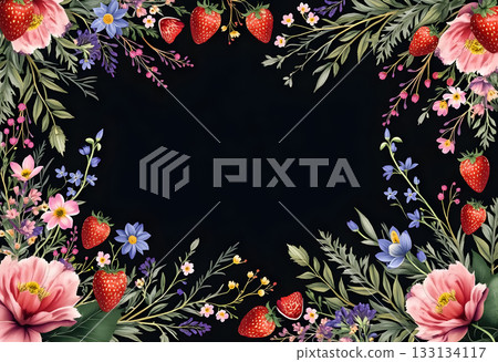 Beautiful floral border design featuring strawberries and wildflowers on a dark background 133134117