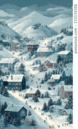 Enchanting Winter Village Scene with Snow-Covered Mountains 133134308