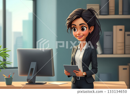 Professional woman stands in modern office with tablet engaged in work during daytime 133134650