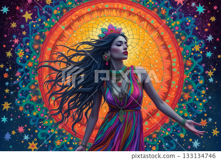 Vibrant woman in colorful attire surrounded by celestial patterns at night celebrating beauty and freedom 133134746