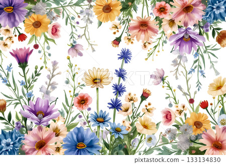 Colorful floral arrangement featuring various wildflowers on a white background creates a fresh and vibrant atmosphere for spring 133134830