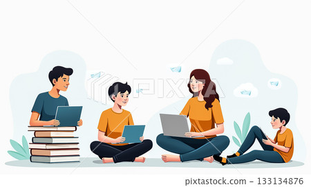 Family engaged in educational activities at home with laptops and books in a cozy setting Family engaged in educational activities at home with laptops and books in a cozy setting 133134876