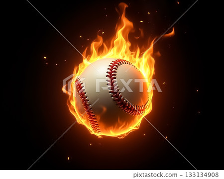 Baseball engulfed in flames creating a striking visual effect in a dark setting Baseball engulfed in flames creating a striking visual effect in a dark setting 133134908