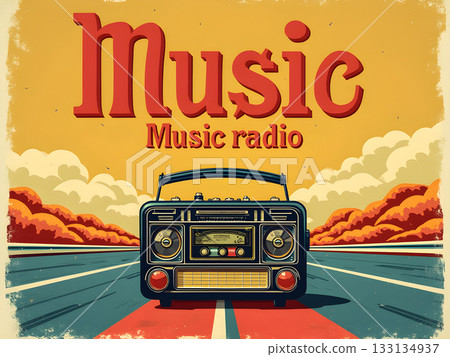 Retro radio broadcasting music on an open road under a colorful sky with hills in the background Retro radio broadcasting music on an open road under a colorful sky with hills in the background 133134937