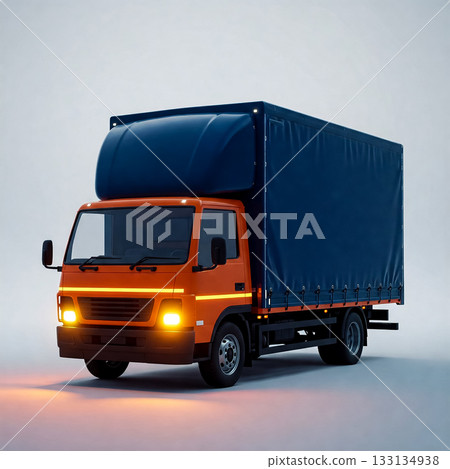Bright orange delivery truck parked in a studio with soft lighting features 133134938