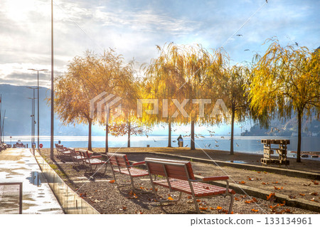 Ciani park with autumn leaf color in Lugano city -fantastic day on lake Lugano BLURRE MOTION PERSON IN DISTANCE WATCH ON LAKE Ciani park with autumn leaf color in Lugano city -fantastic day on lake Lugano BLURRE MOTION PERSON IN DISTANCE WATCH ON LAKE 133134961