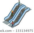 Isometric illustration: people using escalators 133134975