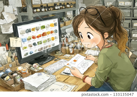 Miyu Series: Miyu checks shipping data in food logistics administration 133135047