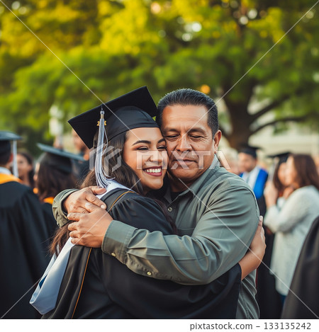 Graduation celebration between a proud graduate and her father in a lively outdoor setting 133135242