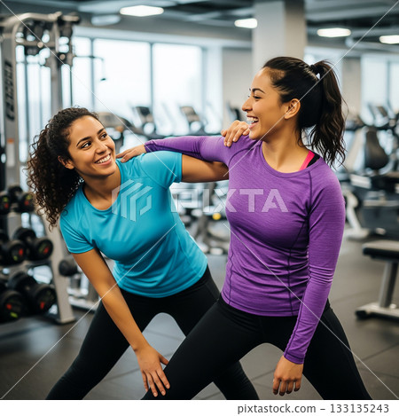 Two women enjoying a workout together in a modern fitness center during daylight hours Two women enjoying a workout together in a modern fitness center during daylight hours 133135243
