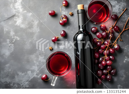 Red wine bottle and glasses with fresh grapes on a dark surface 133135244