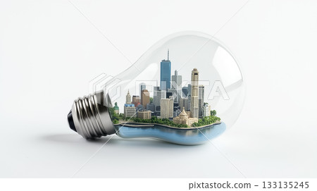 Urban landscape captured inside a light bulb showcasing a vibrant city scenario 133135245
