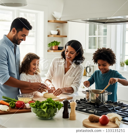 Family cooking together in a cozy kitchen while preparing a meal in the afternoon Family cooking together in a cozy kitchen while preparing a meal in the afternoon 133135251