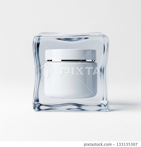 Container displays a white cream jar surrounded by a translucent structure, highlighting design and texture 133135307