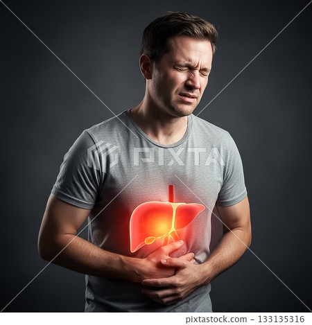 Man experiencing abdominal pain with a graphic representation of the liver 133135316