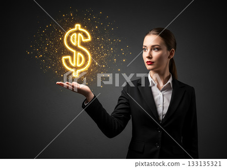 Businesswoman holds glowing dollar sign, symbolizing financial success and leadership in a modern office setting 133135321