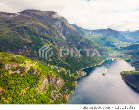 Fjord Geirangerfjord with ferry boat, Norway. 133135382