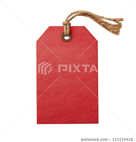 Bright Red Tag With Twine Hanging on a White Background Shows Plain Texture and Design Details Bright Red Tag With Twine Hanging on a White Background Shows Plain Texture and Design Details 133135428