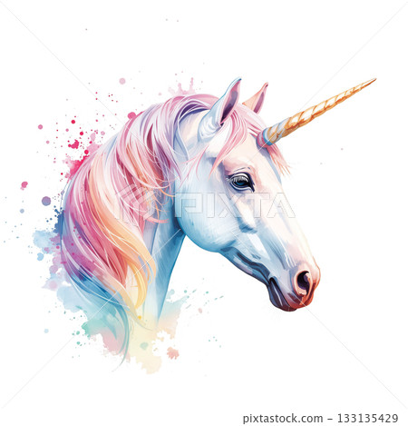Colorful Unicorn Head Surrounded by Artistic Splashes on a Bright Background Colorful Unicorn Head Surrounded by Artistic Splashes on a Bright Background 133135429