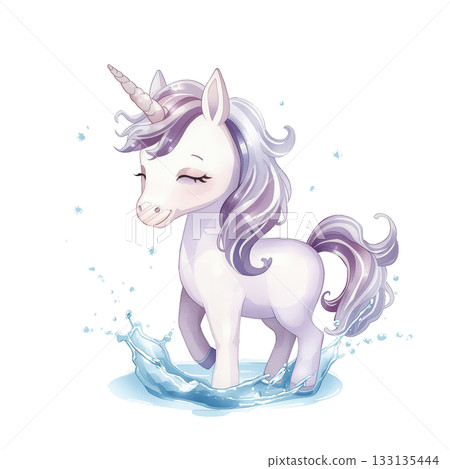 Cute Unicorn Splashing in Water With Joyful Expression and Flowing Mane Cute Unicorn Splashing in Water With Joyful Expression and Flowing Mane 133135444