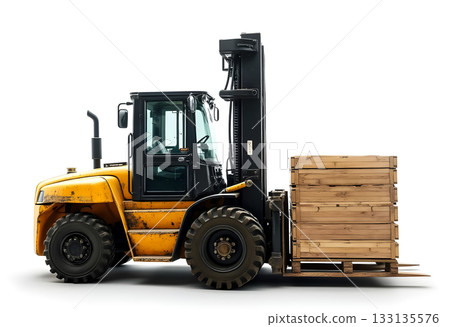 Heavy machinery moves wooden crates during a busy workday at a construction site in an industrial area 133135576
