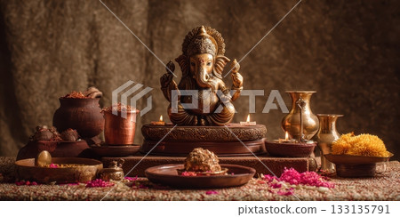 Pancha Ganapati Festival Altar with Ganesha Statue 133135791