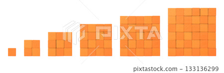 Orange wooden cubes, arranged in squares, visualizing square numbers and perfect squares from 1 to 6. For example, the square number of six is 36, shown on the far right side. Isolated, from above. 133136299