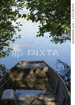 Peaceful barque at Lac de Leon, surrounded by nature's beauty 133136345