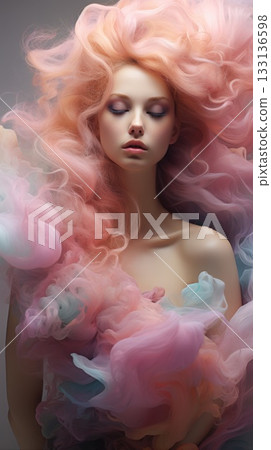 Dreamy portrait of woman with pink cloud like hair, soft pastel colors 133136598