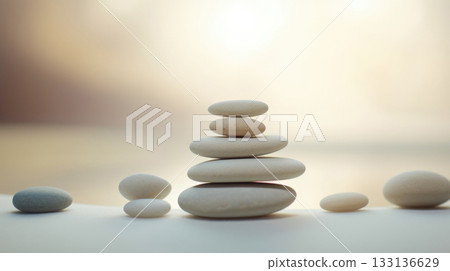 Smooth stones stacked in balance, tranquility and meditation. Zen background 133136629