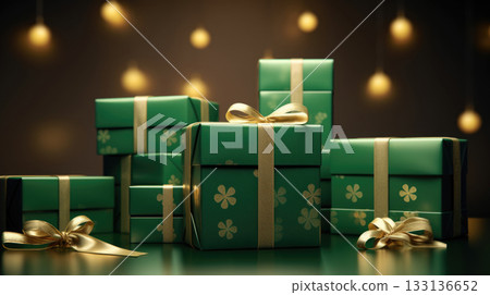 Festive green presents, shimmering gold bows, St. Patricks celebration 133136652