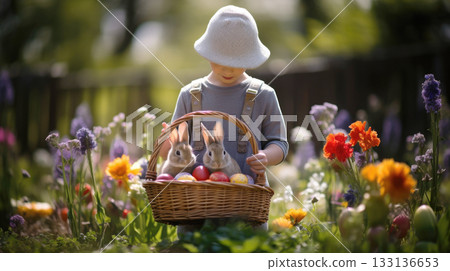 Happy child with basket of colorful Easter eggs in sunny field, eggs hunting 133136653