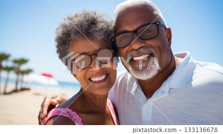 POC Mature couple enjoying time on beach. Summer holiday happy man and woman 133136678