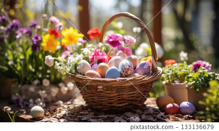 Basket of colorful Easter eggs in sunny garden, Easter eggs hunting concept 133136679