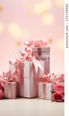 Gifts for March 8th, Mothers day, Pink Present boxes background, copy space 133136680