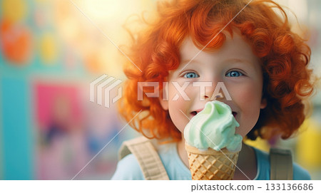 Redhead little kid portrait enjoying vibrant color ice cream cone, copy space 133136686