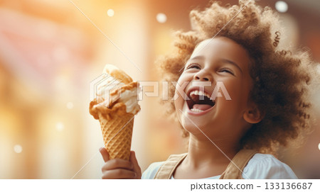 Latin American child portrait enjoying caramel ice cream cone, copy space 133136687