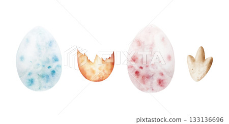 Dinosaur eggs. Watercolor hand drawn prehistoric Brachiosaurus animal. Isolated illustration on transparent background. Perfect for for nursery and baby shower, tropical design projects. For designers 133136696