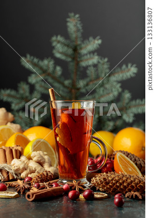 Hot Christmas drink with spices. 133136807