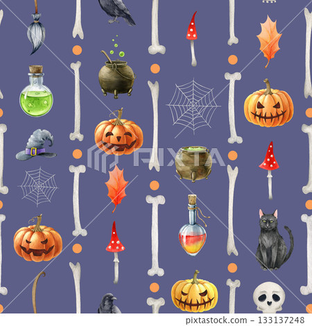 Halloween mood seamless pattern festive decoration. Vintage style watercolor illustration. Hand drawn cauldron, potion bottle, cat, raven, pumpkins. Halloween themed elements on violet background 133137248