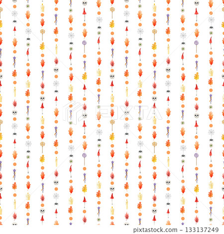 Halloween traditional festive elements seamless pattern decor. Hand drawn candy treats, potion bottle, autumn leaves, spider webs watercolor illustration. Halloween pattern on white background Halloween traditional festive elements seamless pattern decor. Hand drawn candy treats, potion bottle, autumn leaves, spider webs watercolor illustration. Halloween pattern on white background 133137249