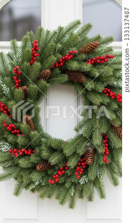 A festive Christmas wreath with pinecones and red berries hangs on a white door. This traditional decoration evokes a welcoming holiday spirit. Ideal for seasonal greetings and winter-themed designs. A festive Christmas wreath with pinecones and red berries hangs on a white door. This traditional decoration evokes a welcoming holiday spirit. Ideal for seasonal greetings and winter-themed designs. 133137487