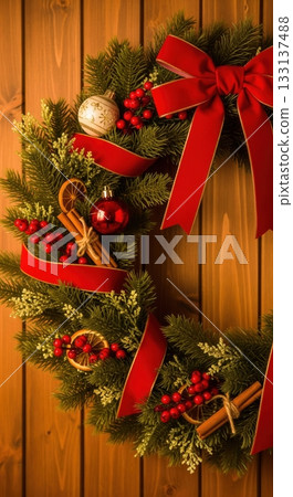 A traditional Christmas wreath with a red bow, berries, and spices on a wooden background. This image evokes a warm, cozy holiday feeling. Ideal for seasonal greetings, marketing, or festive decor A traditional Christmas wreath with a red bow, berries, and spices on a wooden background. This image evokes a warm, cozy holiday feeling. Ideal for seasonal greetings, marketing, or festive decor 133137488