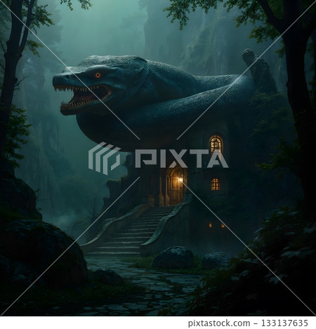 A huge grey fossilized snake with bright red eyes and sharp teeth coils around the top of the house 133137635