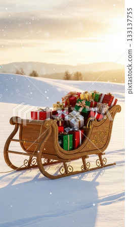 A wooden sleigh full of colorful gifts sits in a snowy landscape at sunset. This magical, festive scene evokes holiday wonder. Perfect for greeting cards, seasonal ads, and winter backgrounds. 133137755