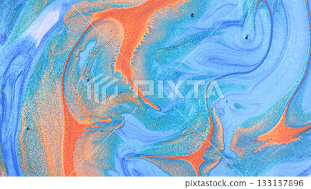 Vibrant blue and orange fluid art texture with shimmering metallic patterns Vibrant blue and orange fluid art texture with shimmering metallic patterns 133137896