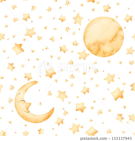 Cute golden moon crescent stars seamless pattern. Watercolor hand drawn illustration isolated on white background for baby nursery textile kids fabric holiday Ramadan design print wrapping paper Cute golden moon crescent stars seamless pattern. Watercolor hand drawn illustration isolated on white background for baby nursery textile kids fabric holiday Ramadan design print wrapping paper 133137943