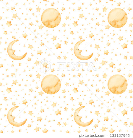 Cute golden moon crescent stars seamless pattern. Watercolor hand drawn illustration isolated on white background for baby nursery textile kids fabric holiday Ramadan design print wrapping paper Cute golden moon crescent stars seamless pattern. Watercolor hand drawn illustration isolated on white background for baby nursery textile kids fabric holiday Ramadan design print wrapping paper 133137945