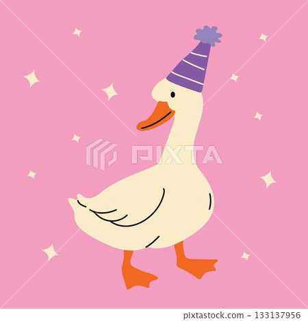 Cartoon Goose Wearing Birthday Hat with Sparkles 133137956